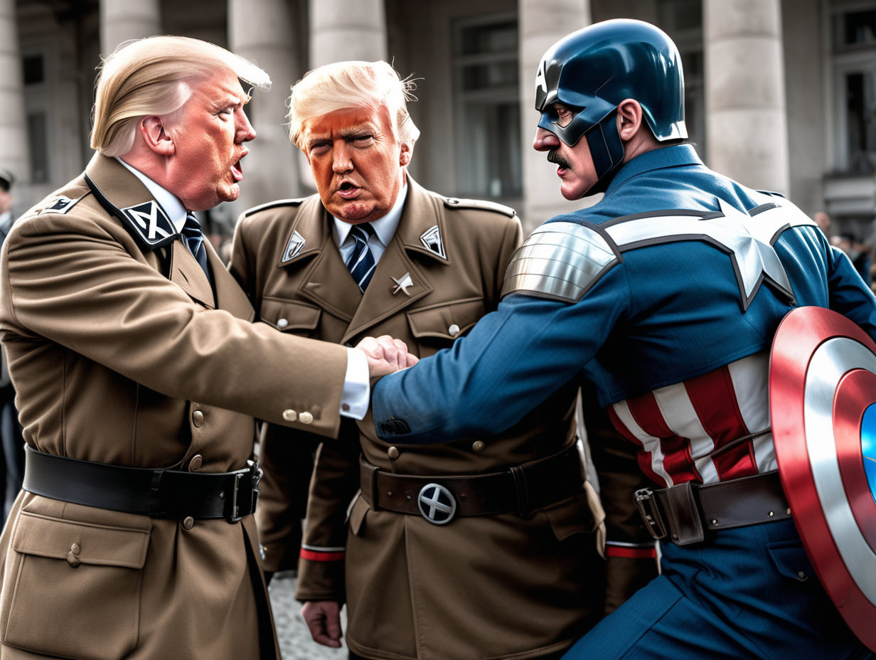 Hitler and Donald Trump in a Nazi uniform fighting Captain America in Berlin