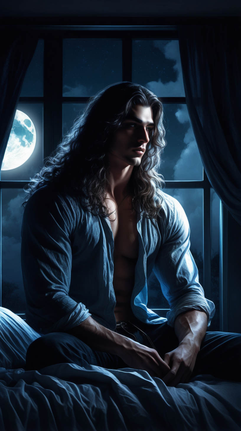 Create a dark fantasy art illustration, of male model Enrico Ravenna, long wavy hair, sitting on bed under moonlight coming through window.