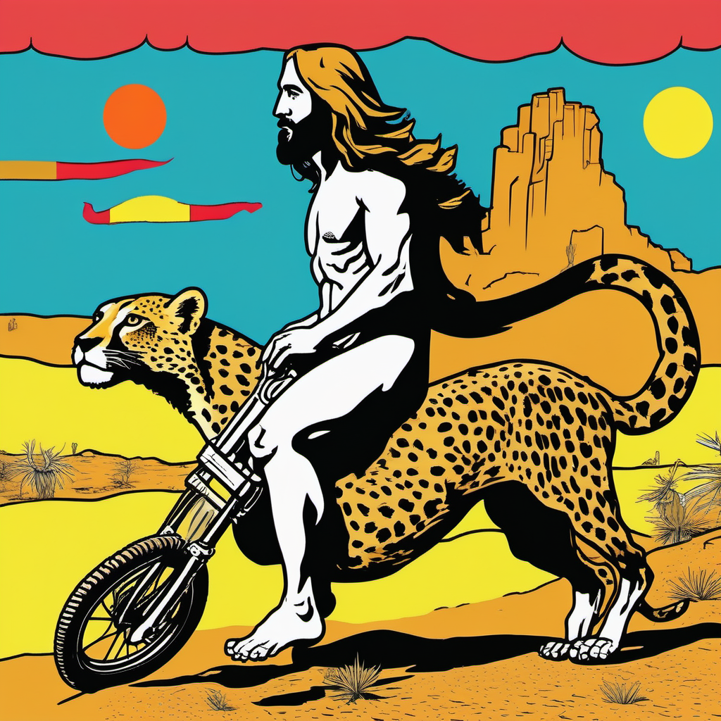 naked jesus riding a cheetah in the desert