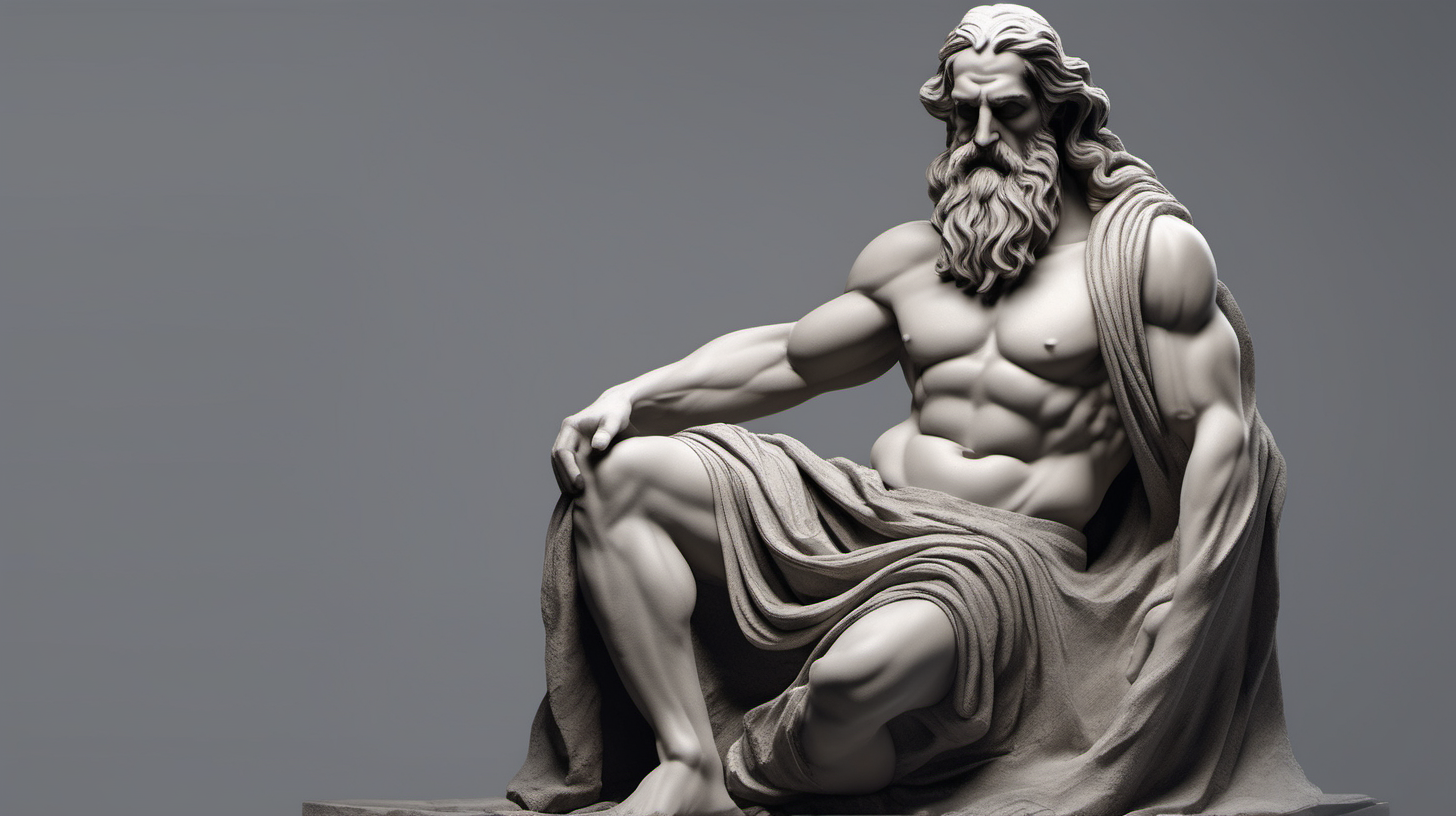 Create a visually stunning and detailed AI-generated image of a Greek-inspired old man statue sitting on stones carved from black stone, featuring muscular physique, long flowing hair, a beard, and draped in a single cloth that elegantly hangs from one shoulder."
