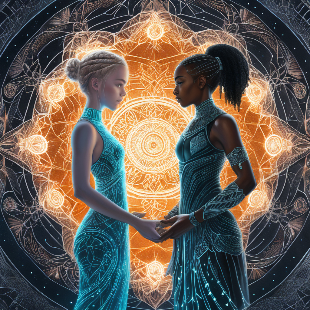 book cover design for a sci-fi story about love between a young white woman and a young black woman in the middle of a mandala made of glowing threads of fate
