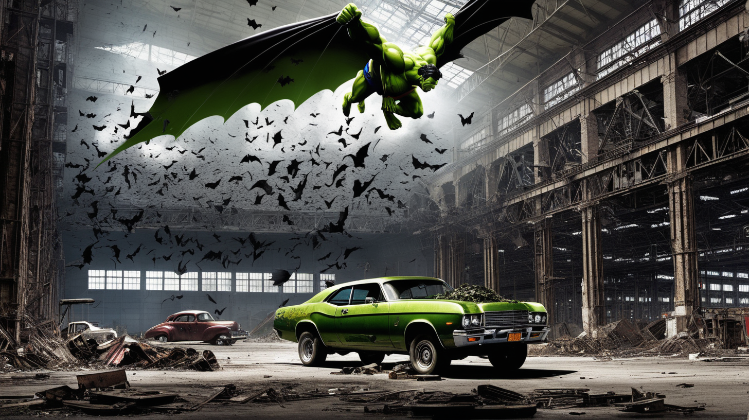 Superman fights the hulk in an abandon car