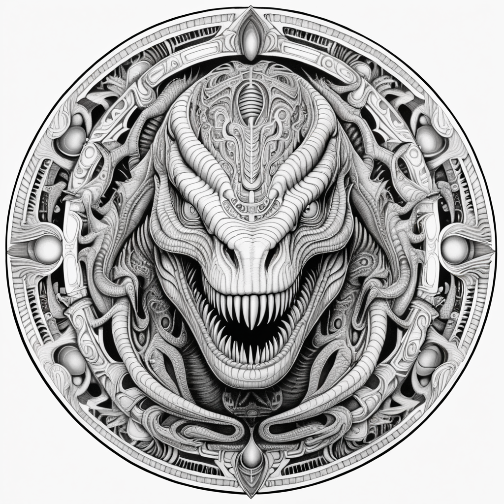 black & white, coloring page, high details, symmetrical mandala, strong lines, t-rex with many eyes in style of H.R Giger