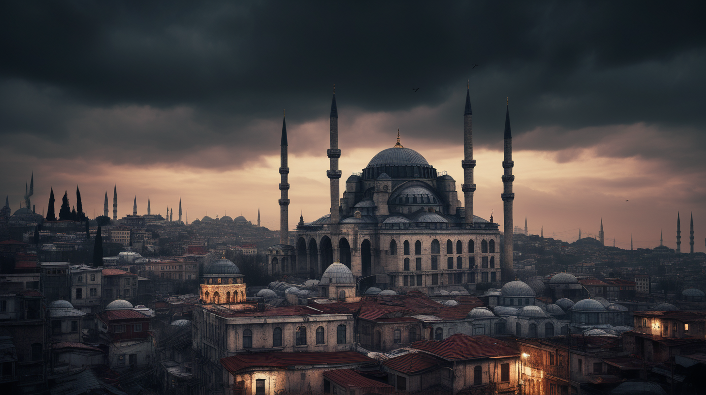 /imagine prompt: Historic Cityscapes, Istanbul, Turkey, year 1500, with its ancient roman structures –v 5.2and the overall moody atmosphere. Use a high-resolution 16k camera with a 16:9 aspect ratio, a raw style, and a quality setting of 2 to capture this atmospheric scene. –ar 16:9 –v 5.2 –style raw