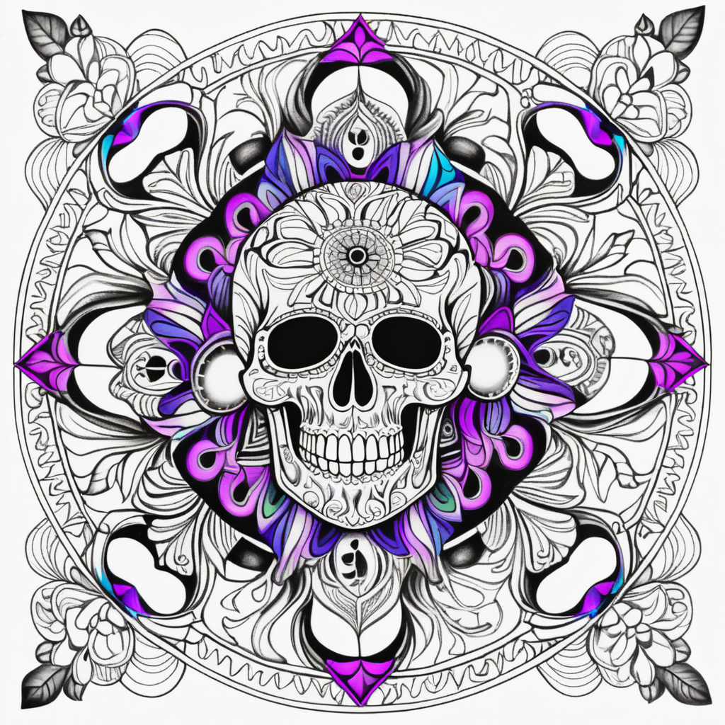 adult coloring book, vibrant colors, clear lines, detailed, symmetrical mandala made of skulls