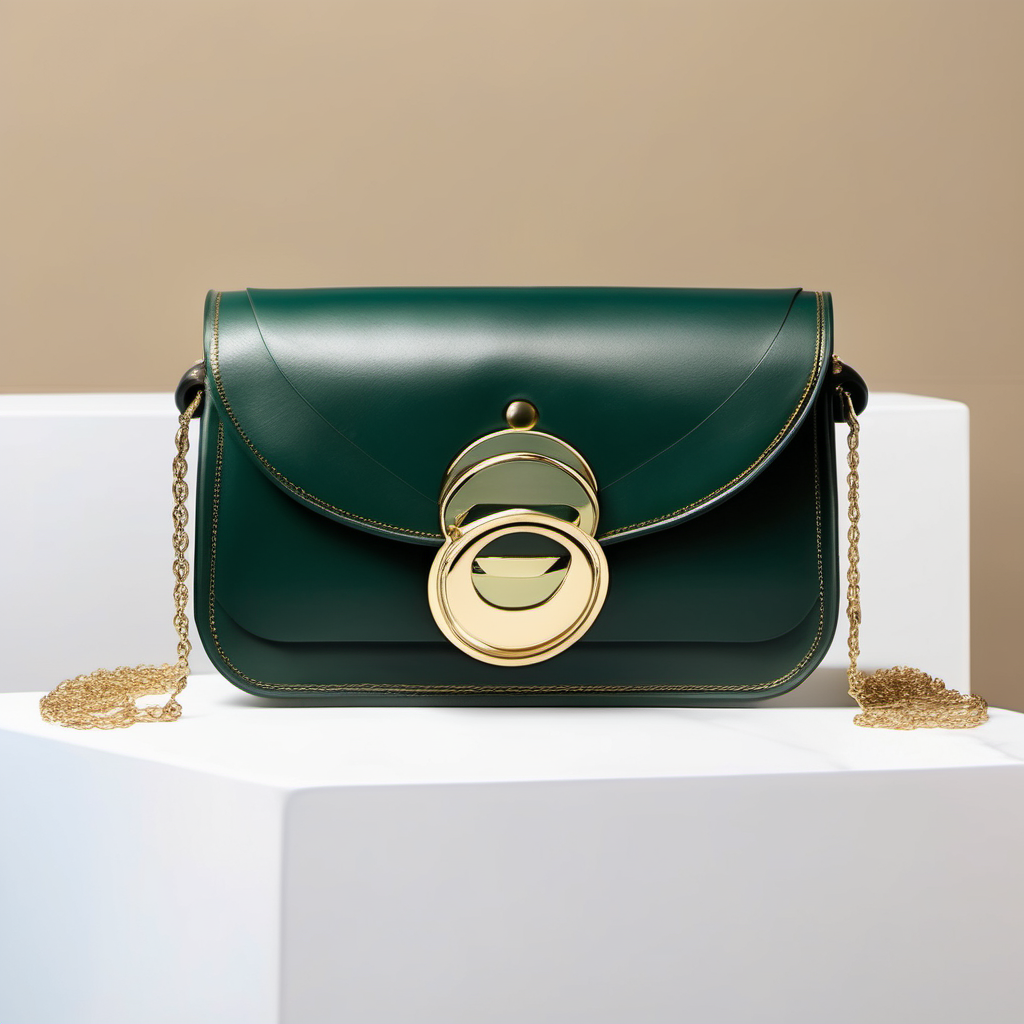 Neoclassic inspired luxury small leather bag with flap and metal buckle- geometric shape - frontal view - dark green leather with gold circles