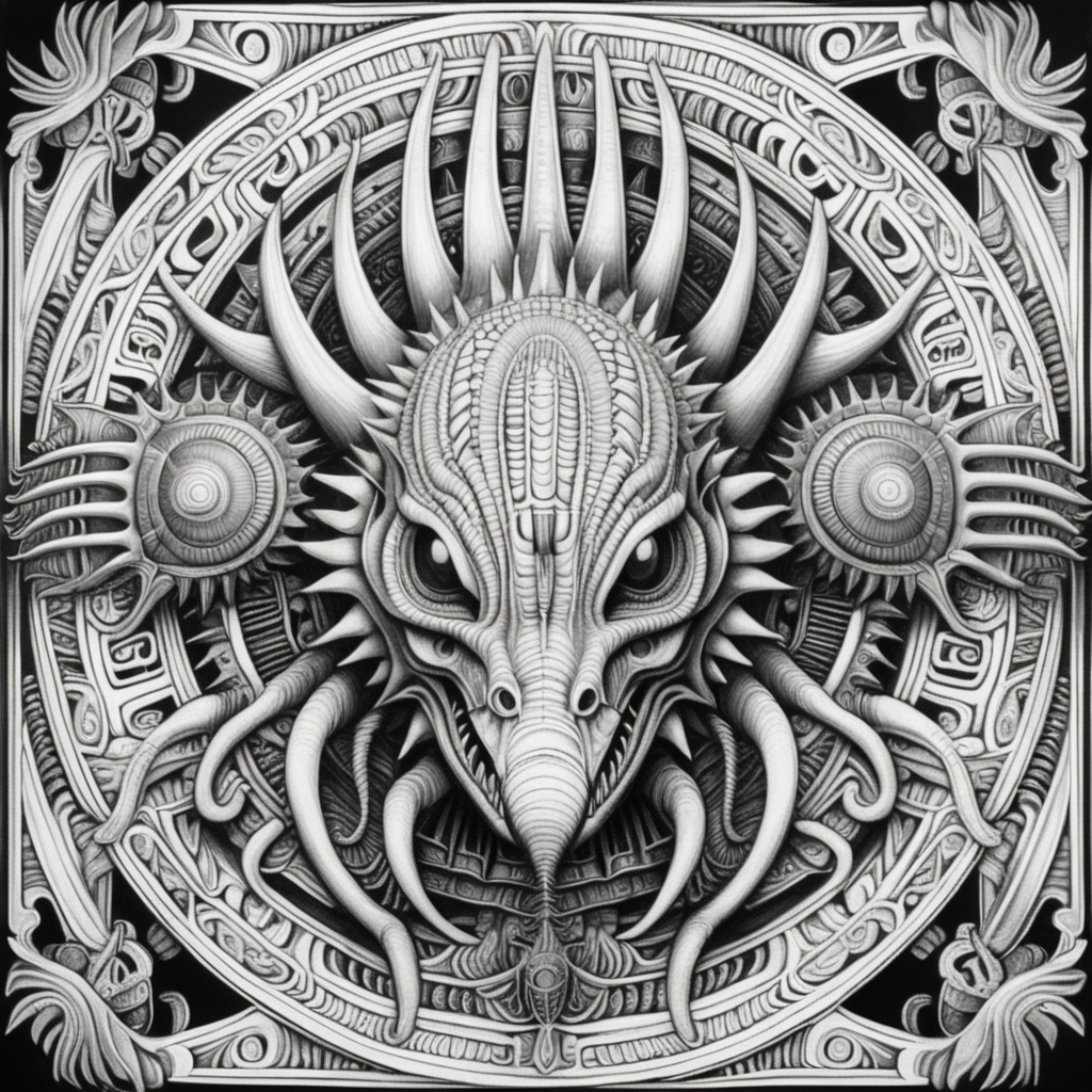 black & white, coloring page, high details, symmetrical mandala, strong lines, stegosaurus with many eyes in style of H.R Giger