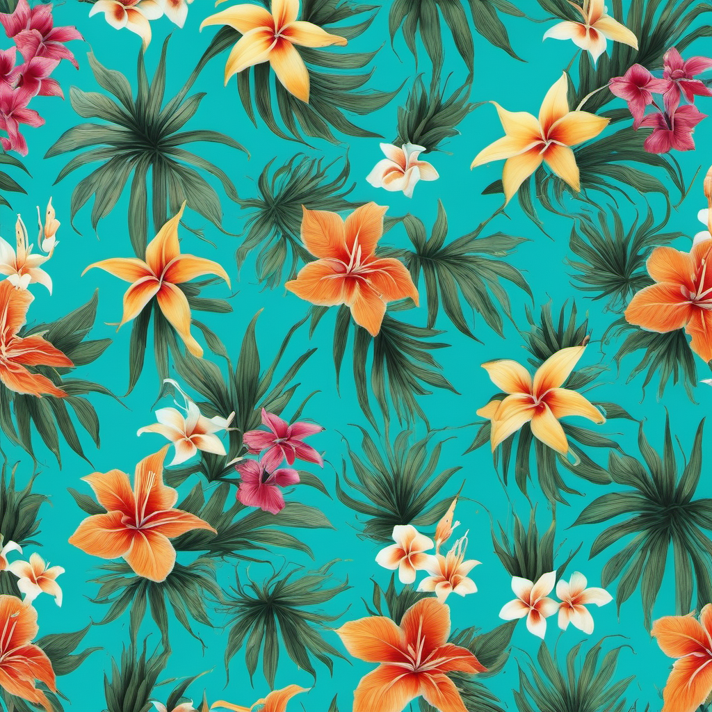 turquoise background with tropical floral pattern of smaller various tropical flowers 