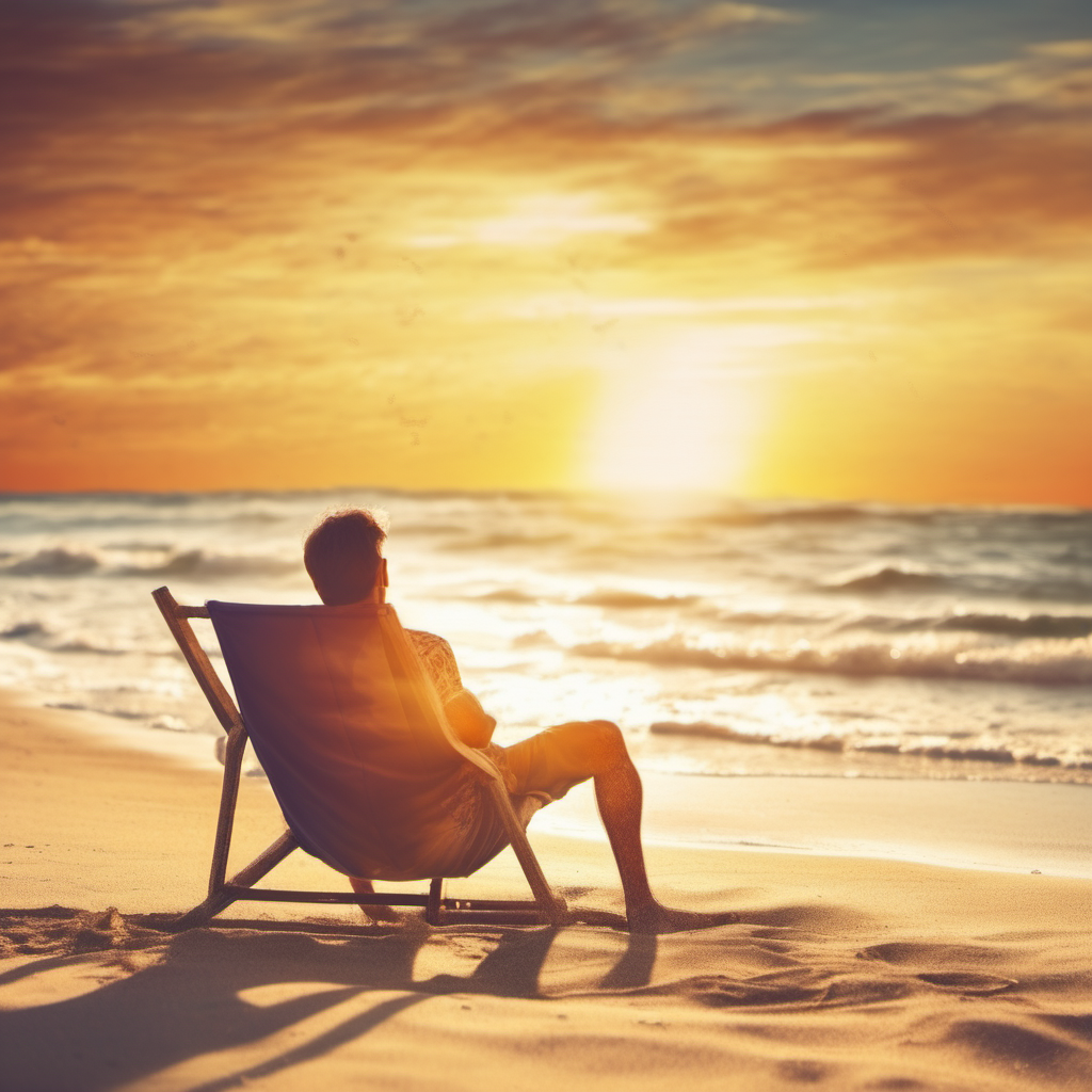 man relaxing on the beach.  sunset.  include the text five 15 global