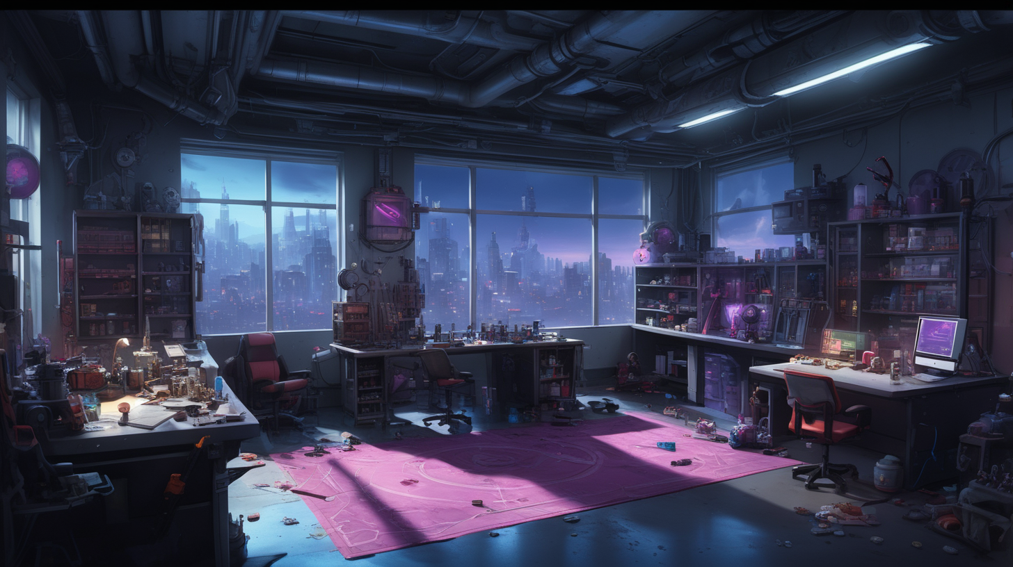 interior location of Arcane movie like VI and Jinx practice scene. Included Items, weapons and toys for jinx. There is a balcony overlooking the night city. There is a laboratory in the middle of the place. The ceiling of the place is high and spacious. There are also heavy weapons and missiles next to the place. The place is considered old and messy, but it is arranged in the Jinx way.