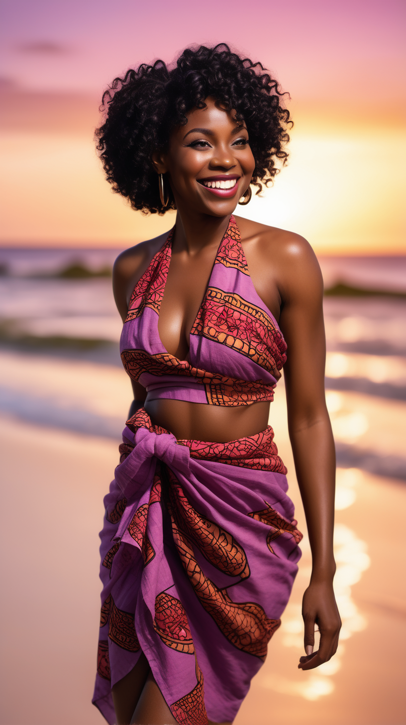  Joyful, beautiful, black woman wearing short, curly black hair, wearing, A red violet, African print fabric, Sarong wrap, Blush pink linen halter top, a sunset beach in the background, 4k, high definition, full resolution, replicated
