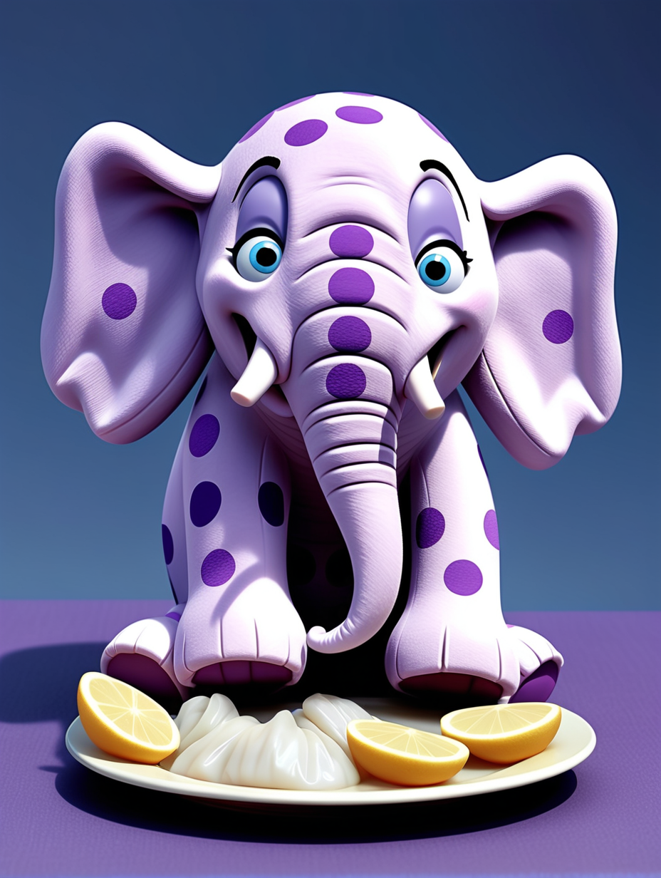 purple spotted elephant stuffed cuddle toy, full body, with a very sad face frowning crying streams of tears; a plate of lutefisk fish, pixar style animation

