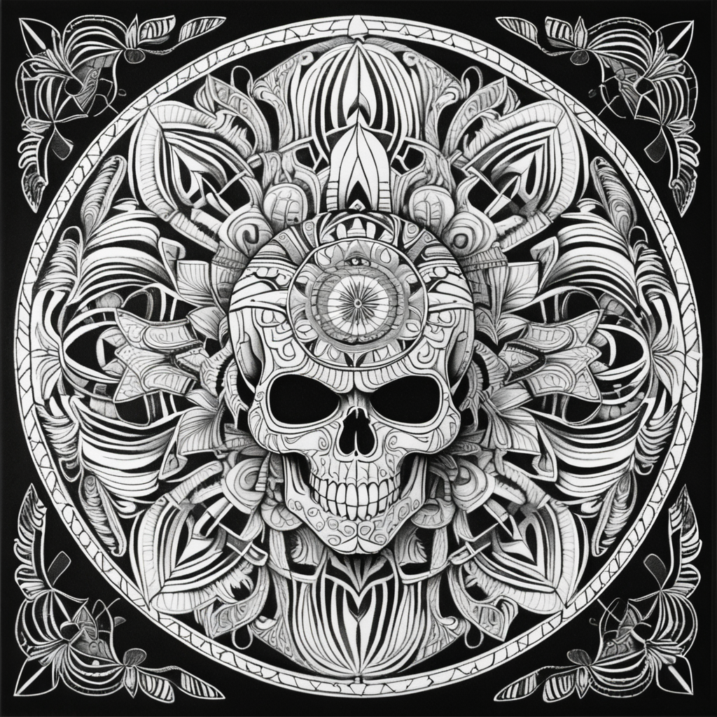 adult coloring page, black & white, high details, symmetrical mandala, string lines, tribal skull