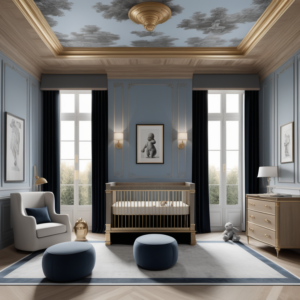 a hyperrealistic image of a Grand elegant Modern Parisian  Nursery in a beige oak brass grey-blue and black colour palette with floor to ceiling windows, coffered ceiling and Toile accents