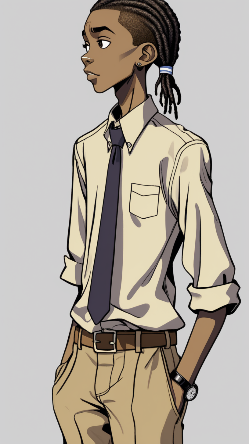 
comic-style 16-year-old black Jamaican teen boy who is tall, and thin with short dreadlocks wearing a khaki-colored button-up shirt with a tie and khaki-colored pants side view. make background plain
