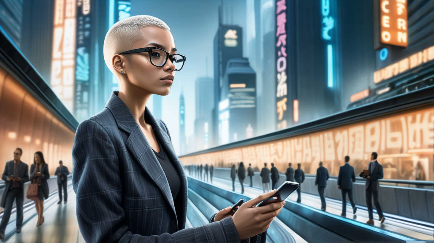 Perspective should  show full view of her on the moving sidewalk. Imagine a mixed-race woman, bleached-blond completely shaved hair, large black rimmed glasses 26 years old, wearing a business casual look of jeans and a blazer. She is gliding along on a moving sidewalk while looking at her phone. The background is a futuristic Blade Runner city scape. 