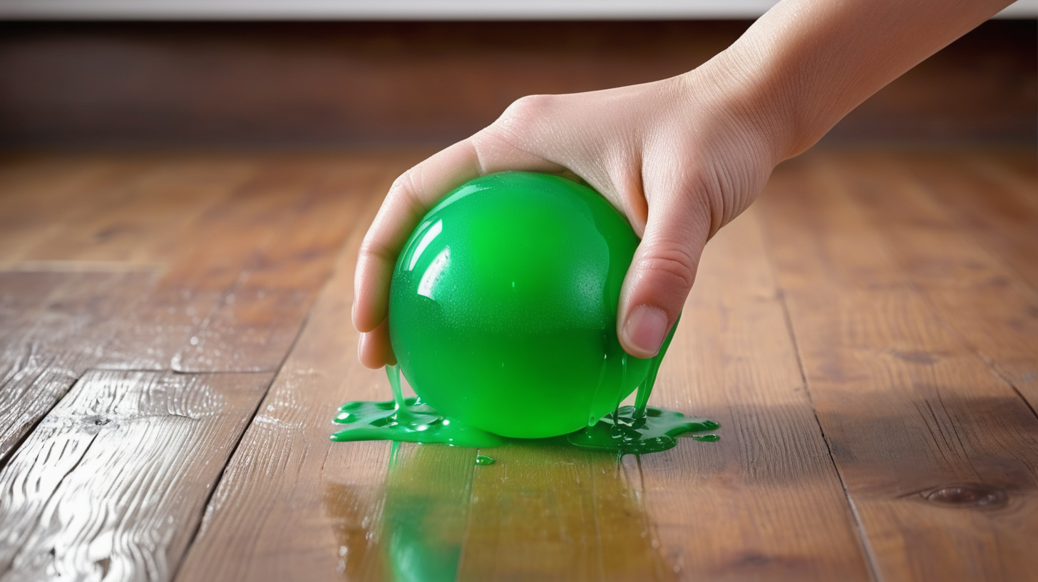 image hand squeezing green squishy ball with leak green liquid on wood floor