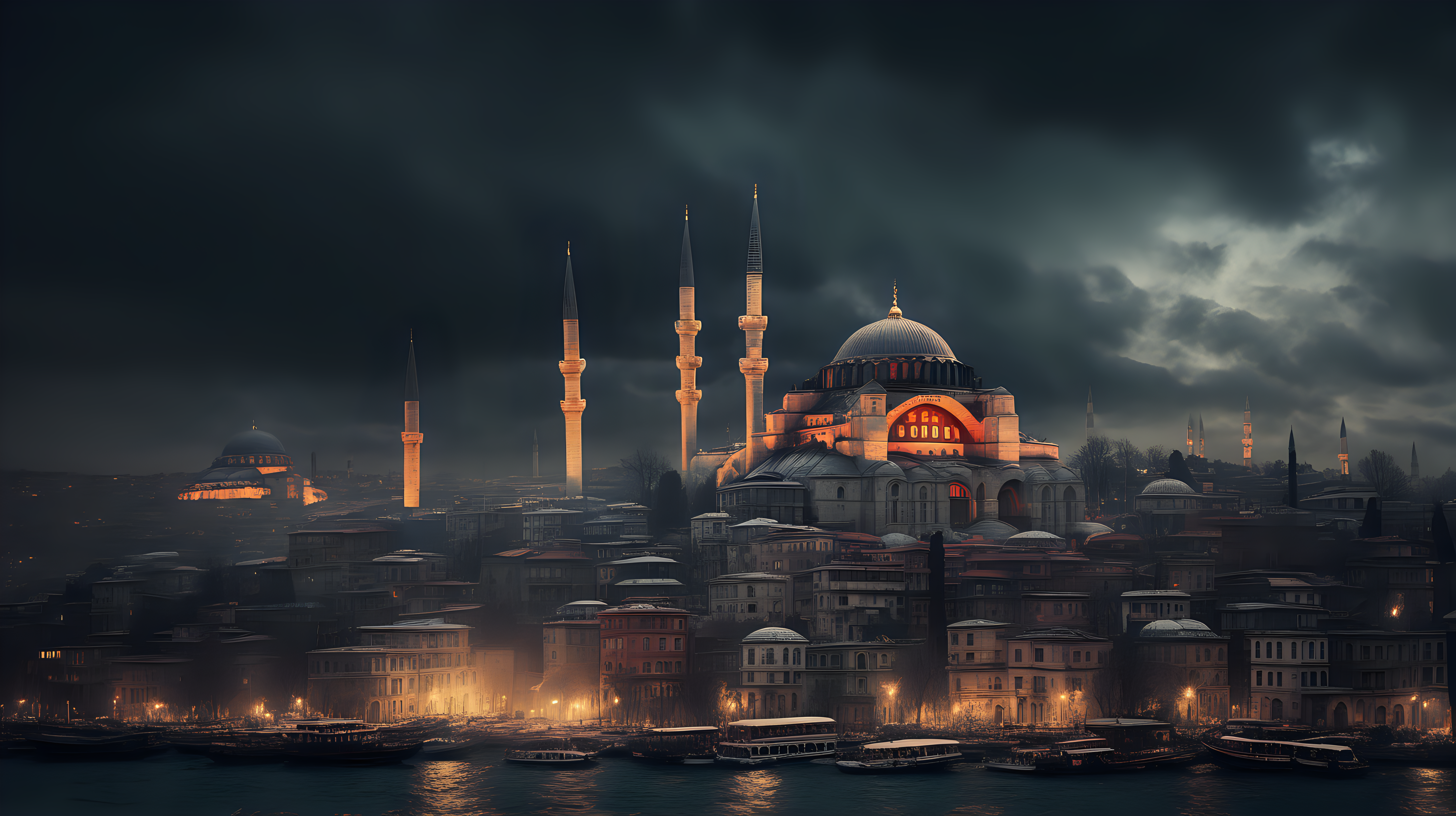 /imagine prompt: Historic Cityscapes, Istanbul, Turkey, year 1500, with its ancient roman structures –v 5.2and the overall moody atmosphere. Use a high-resolution 16k camera with a 16:9 aspect ratio, a raw style, and a quality setting of 2 to capture this atmospheric scene. –ar 16:9 –v 5.2 –style raw