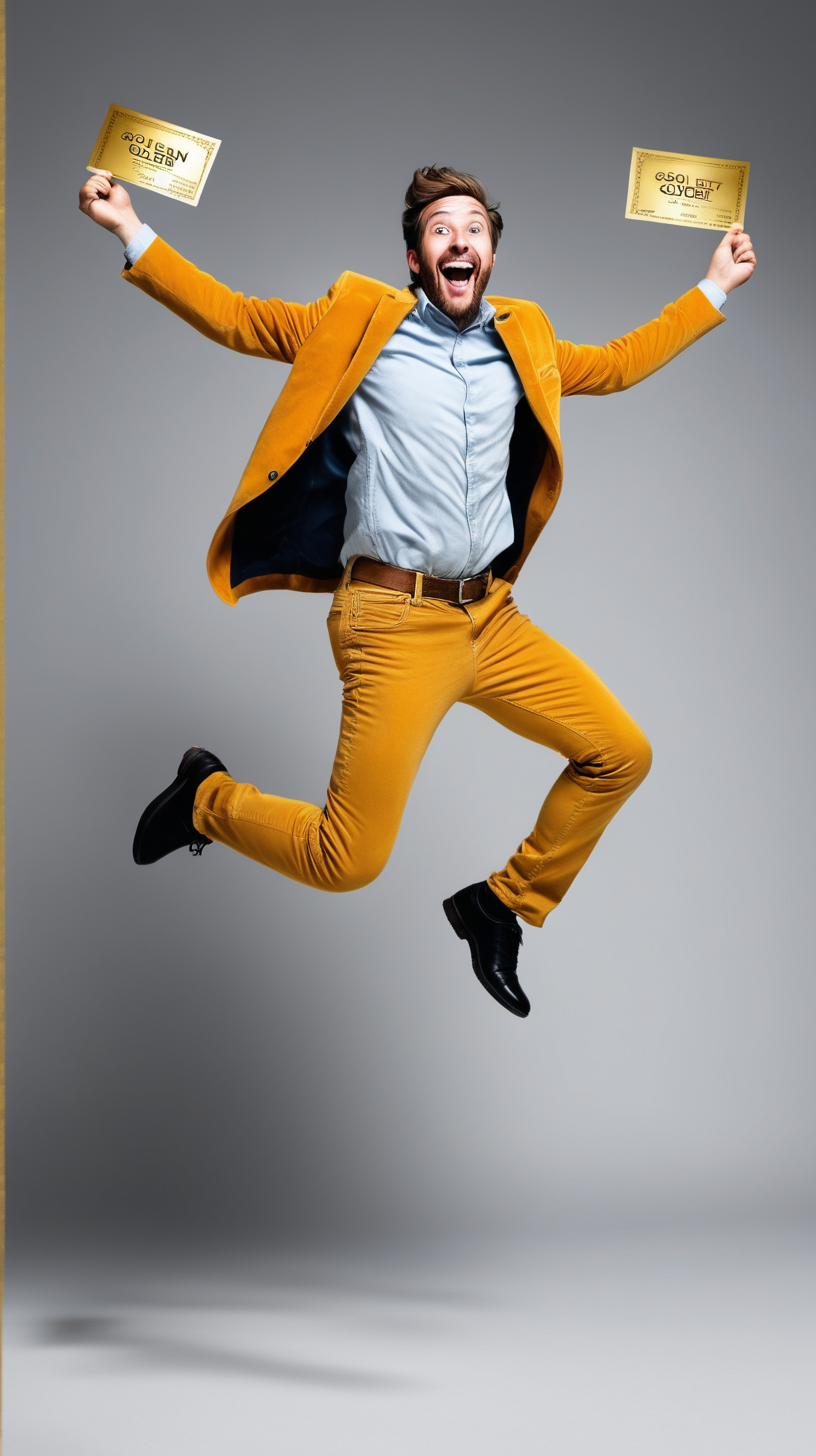 man holding golden ticket jumping for joy
