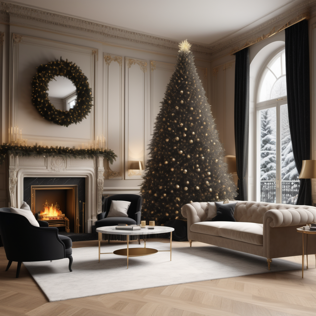 A hyperrealistic image of a grand, large,  Modern Parisian lounge room at christmas time in a beige oak brass and black colour palette, with a large snowy balsam fir christmas tree in the corner of the room, a marble fireplace alight, a large cosy sofa, floor to ceiling windows with snow falling outside