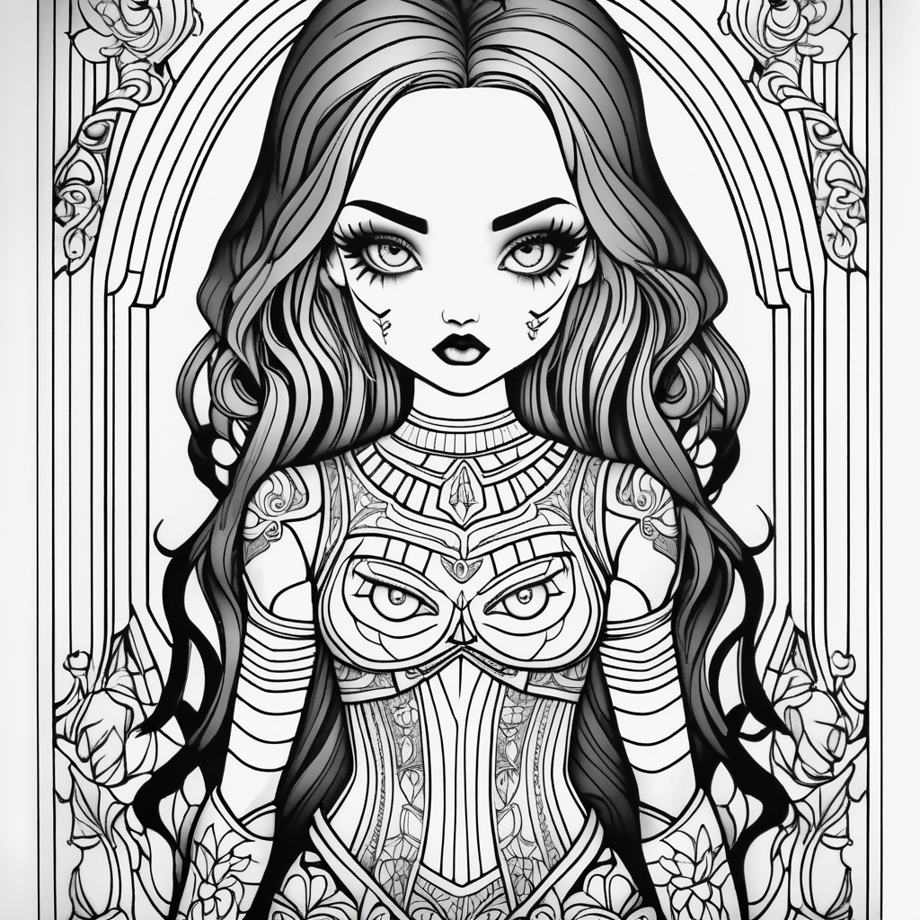 adult coloring page, black & white, strong lines, high details, evil girl doll full body