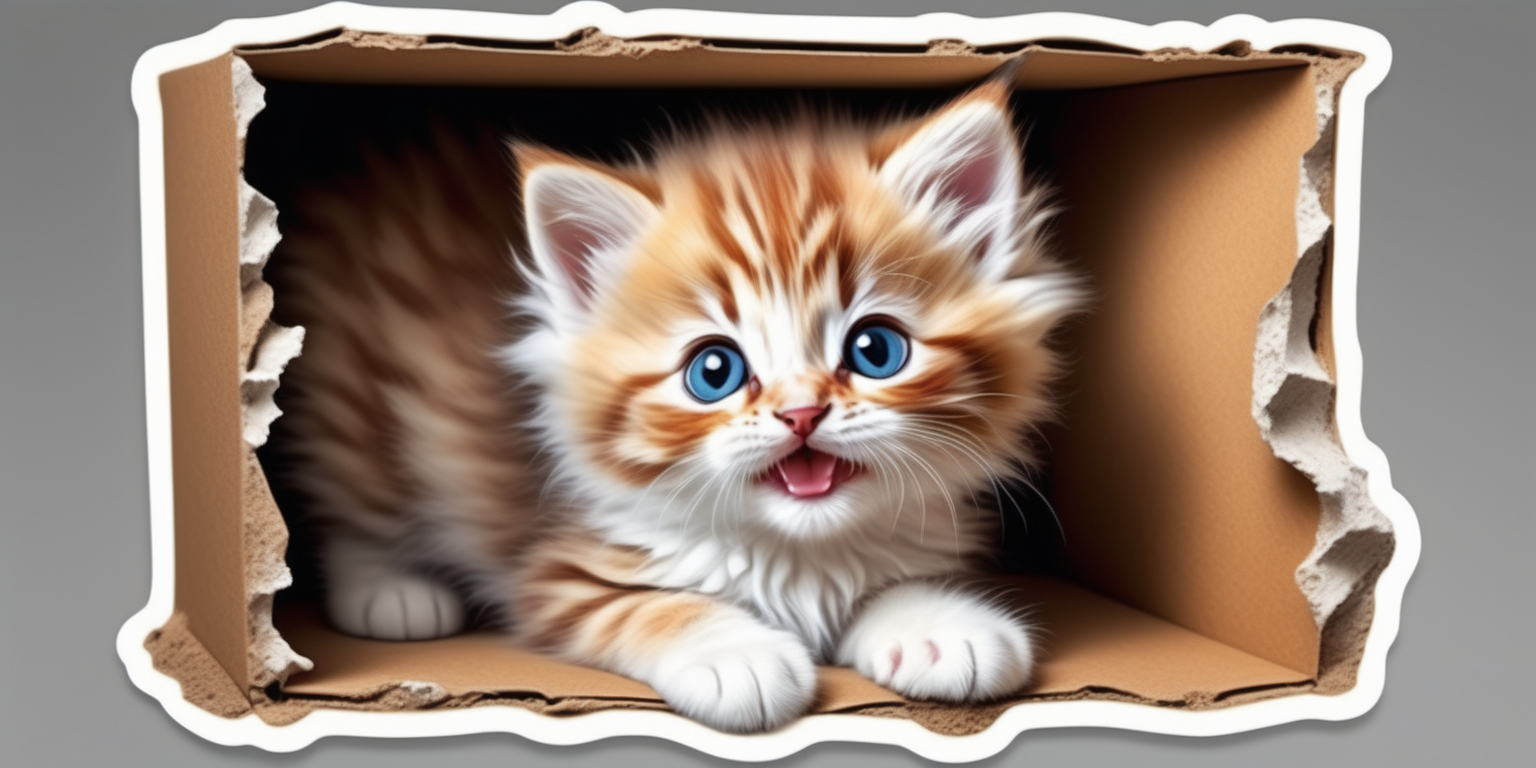 A captivatingly adorable 3D sticker of a playful kitten, boasting an optical illusion effect that adds a whimsical touch. This expertly crafted image, possibly a vibrant painting or a realistic photograph, showcases the cuteness of the subject in stunning detail. The fluffy fur, irresistibly cute expression, and mischievous pose are meticulously portrayed, leaving viewers enchanted by the lifelike charm captured on this high-quality piece.