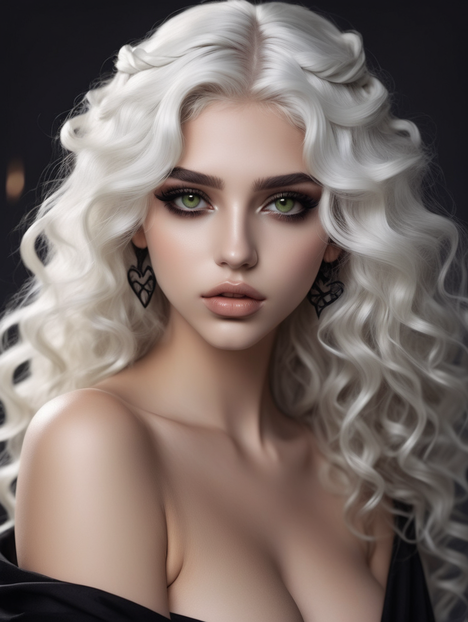 a very beautiful greek goddess 
wavy white hair
heart shaped face
perfect lips
light olive colored eyes
in a black abyss
wearing a sexy black toga
