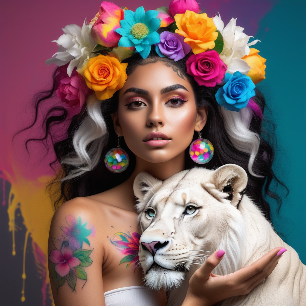 abstract exotic latina Model with soft colorful flowers the colors leak into her hair. add She is holding a toy top  she is looking at real white lion 16 crystal balls floating in the air add tattoos on her arms and shoulder