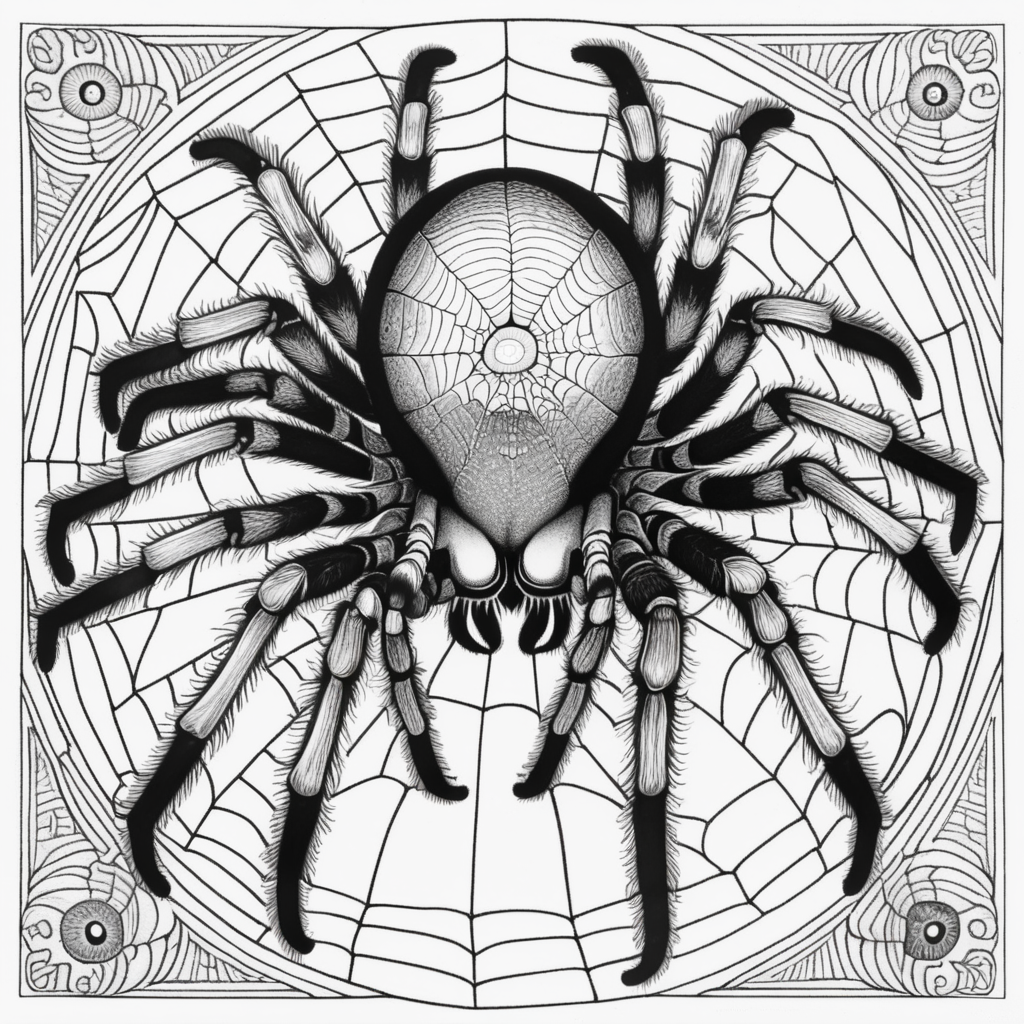 adult coloring book, black & white, clear lines, detailed, symmetrical sick rotting eyeball tarantula