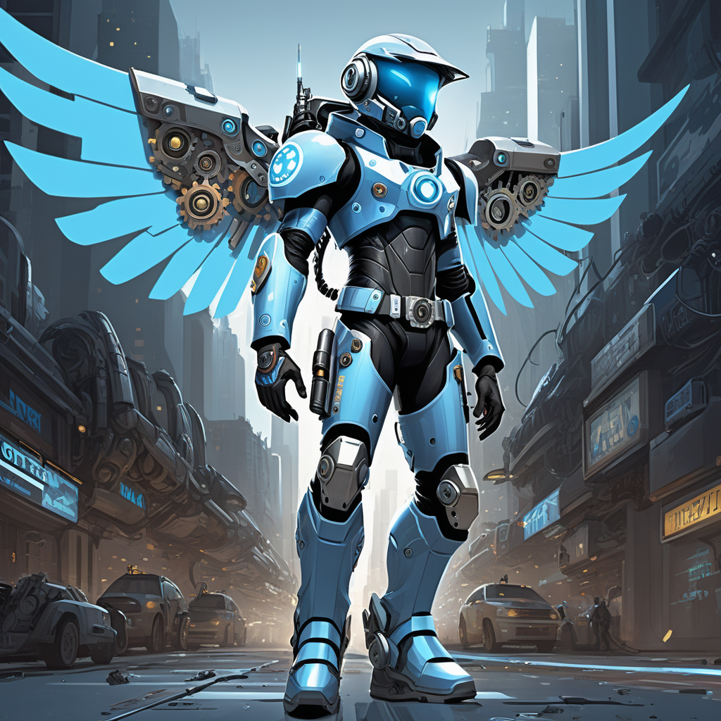 teenage boy, tech armor, tech helmet, light blue and steel, cogs motif, tech wings, wielding futuristic rifle, jetpack, rocket boots, city, night