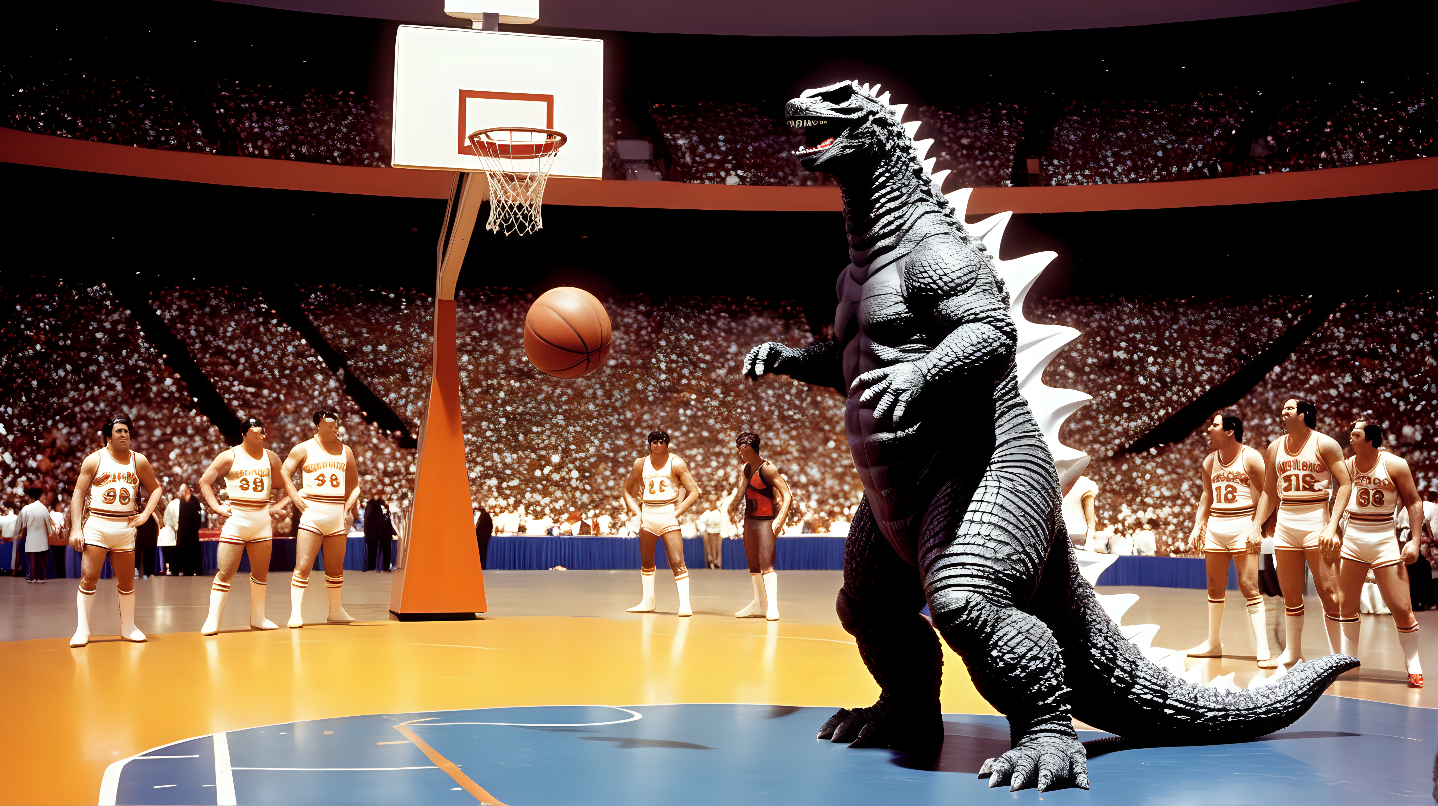 Godzilla playing basketball in the Astrodome
