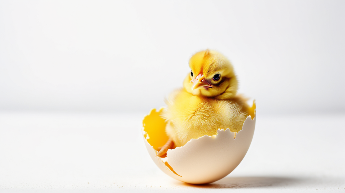 small yellow chicken in a egg shell on a white background, copy space