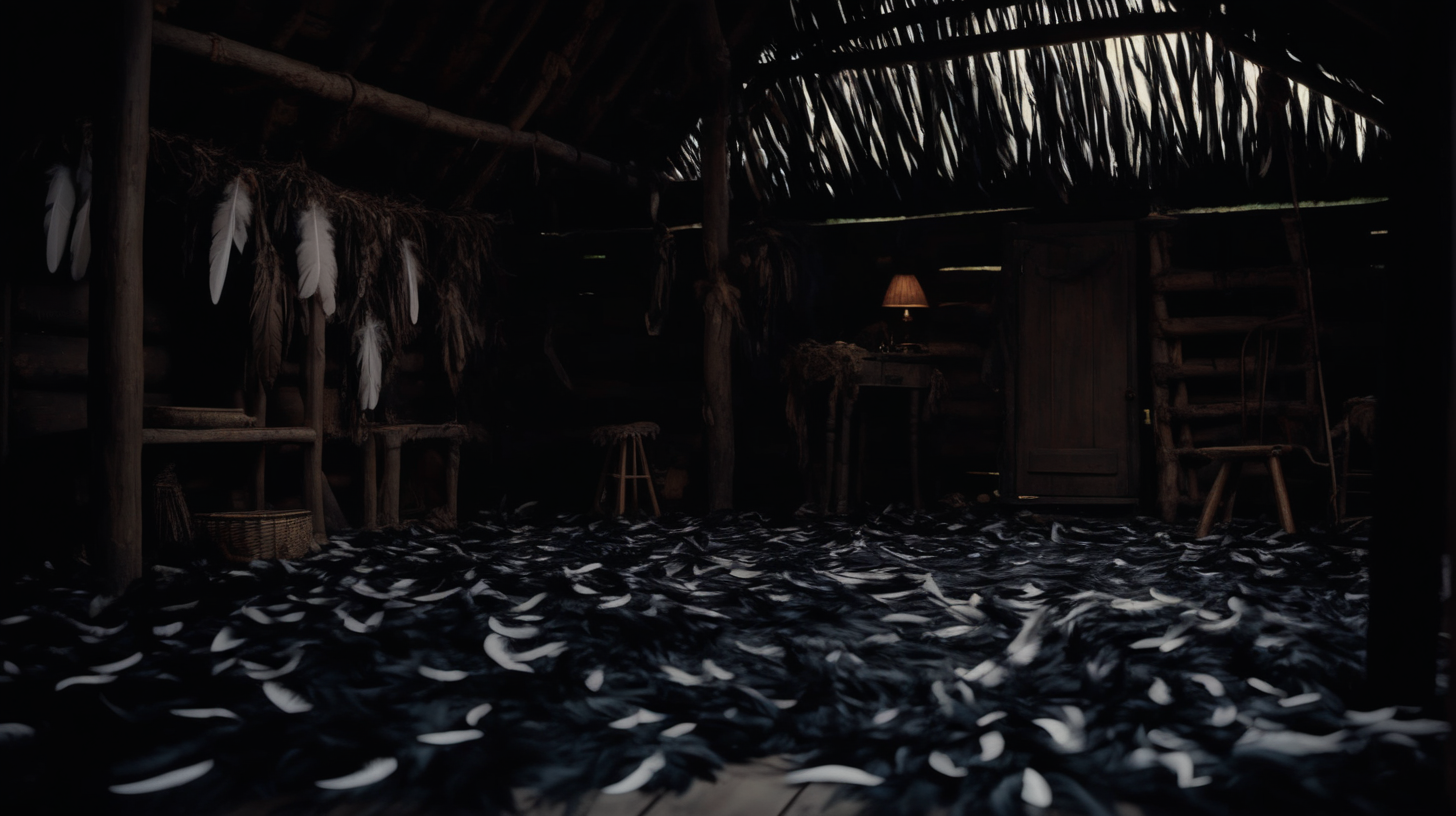 A cinematic scene of a dark hut filled with feathers on the floor.