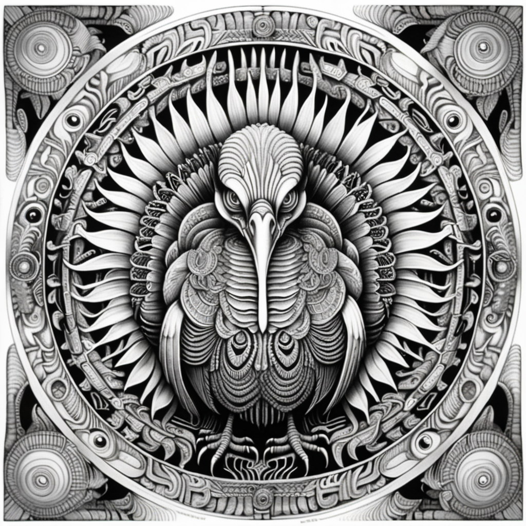 black & white, coloring page, high details, symmetrical mandala, strong lines, turkey with many eyes in style of H.R Giger