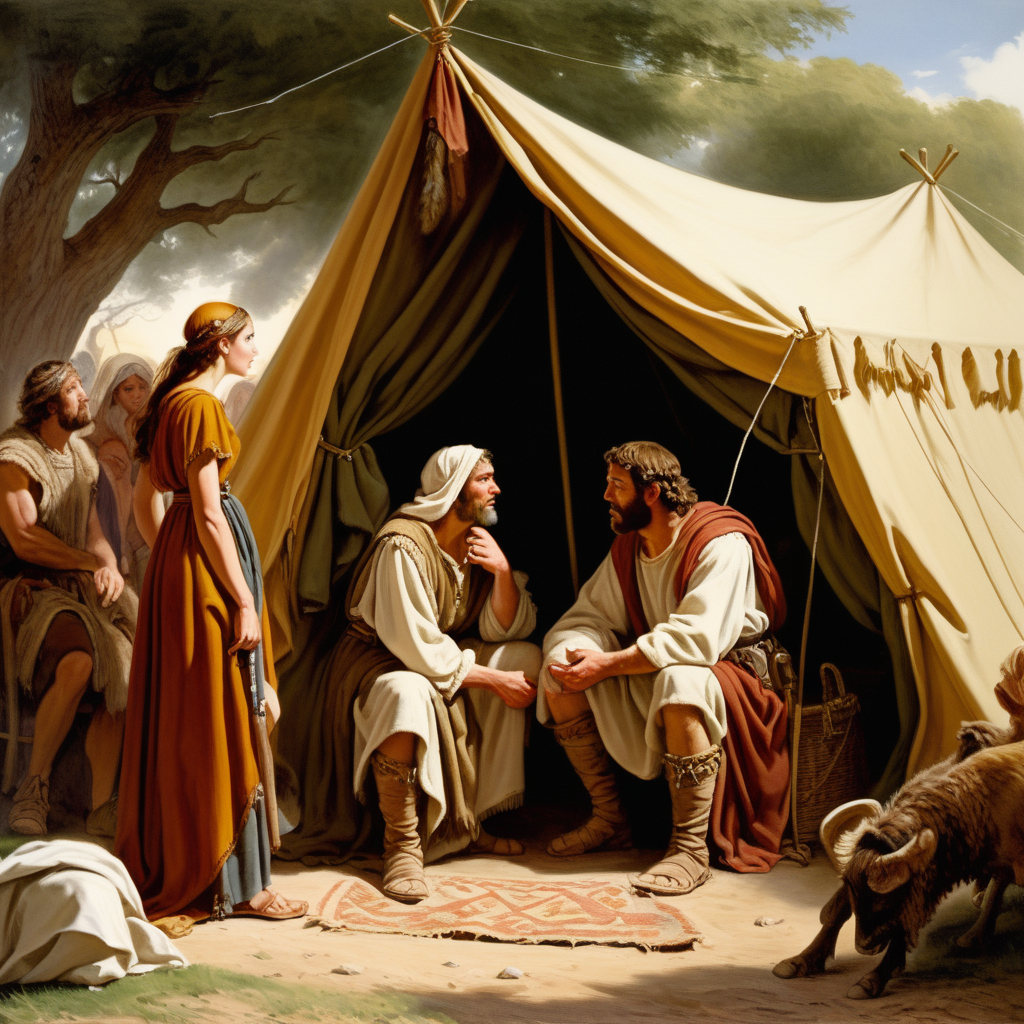 Biblical Rebecca listens outside the tent to a
