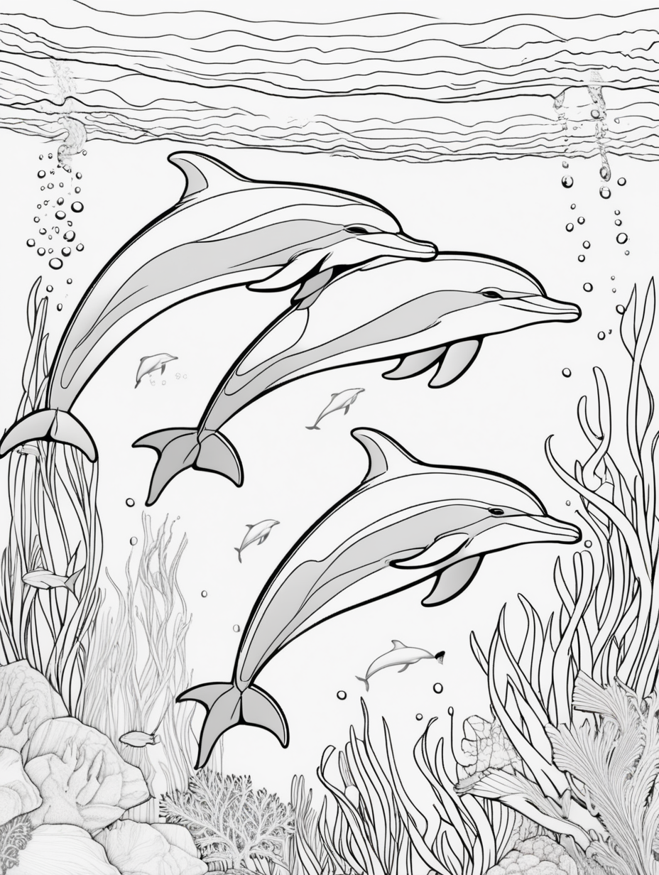 dolphins underwater, coloring page, low details, no colors, no shadows
