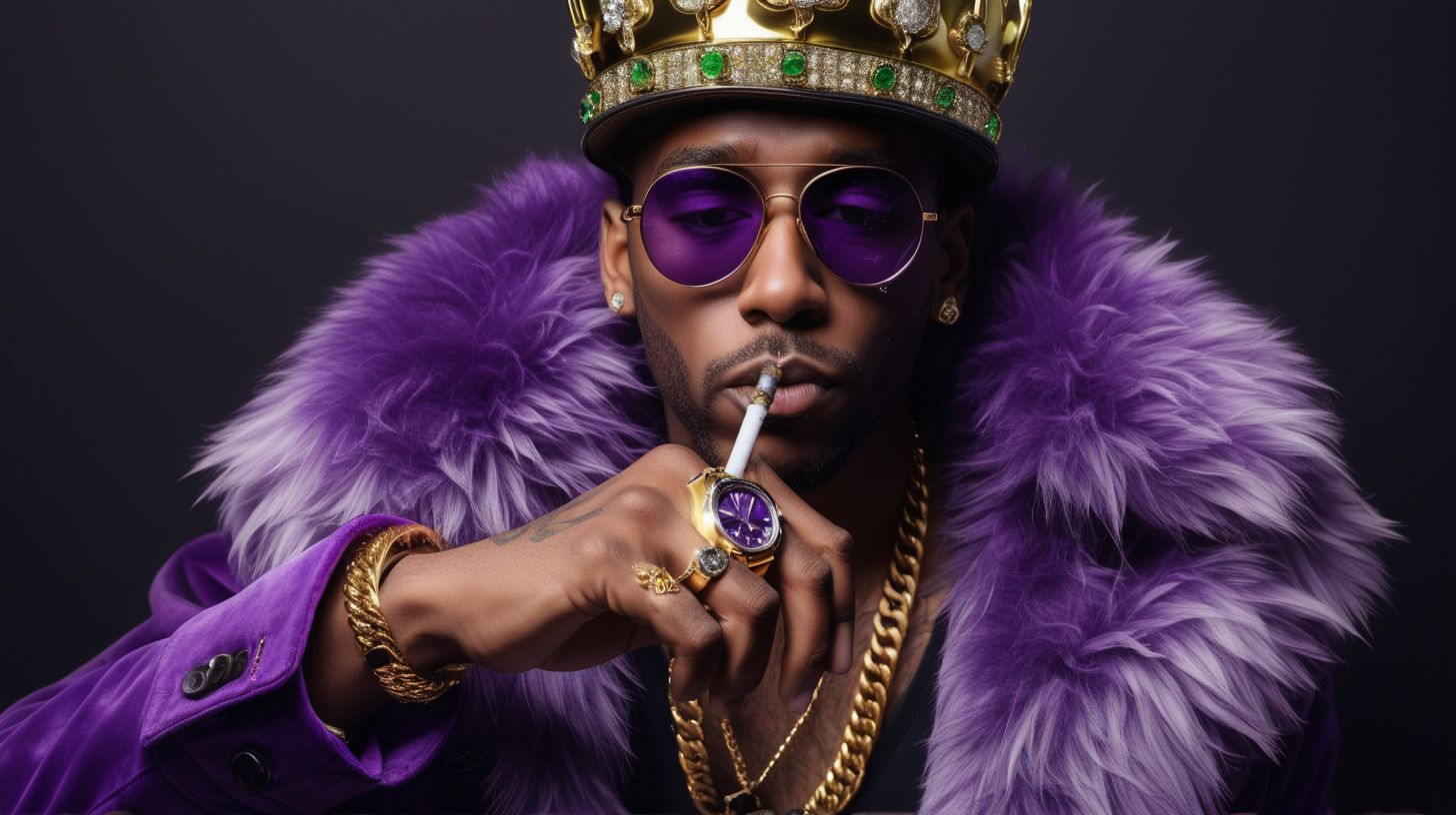 Mans,  hand with lots of big golden rings, bracelets and watch holding up a joint between his fingers, smoke billowing out, he is wearing a purple faux fur jacket. wearing crown, holding marijuana cigarette