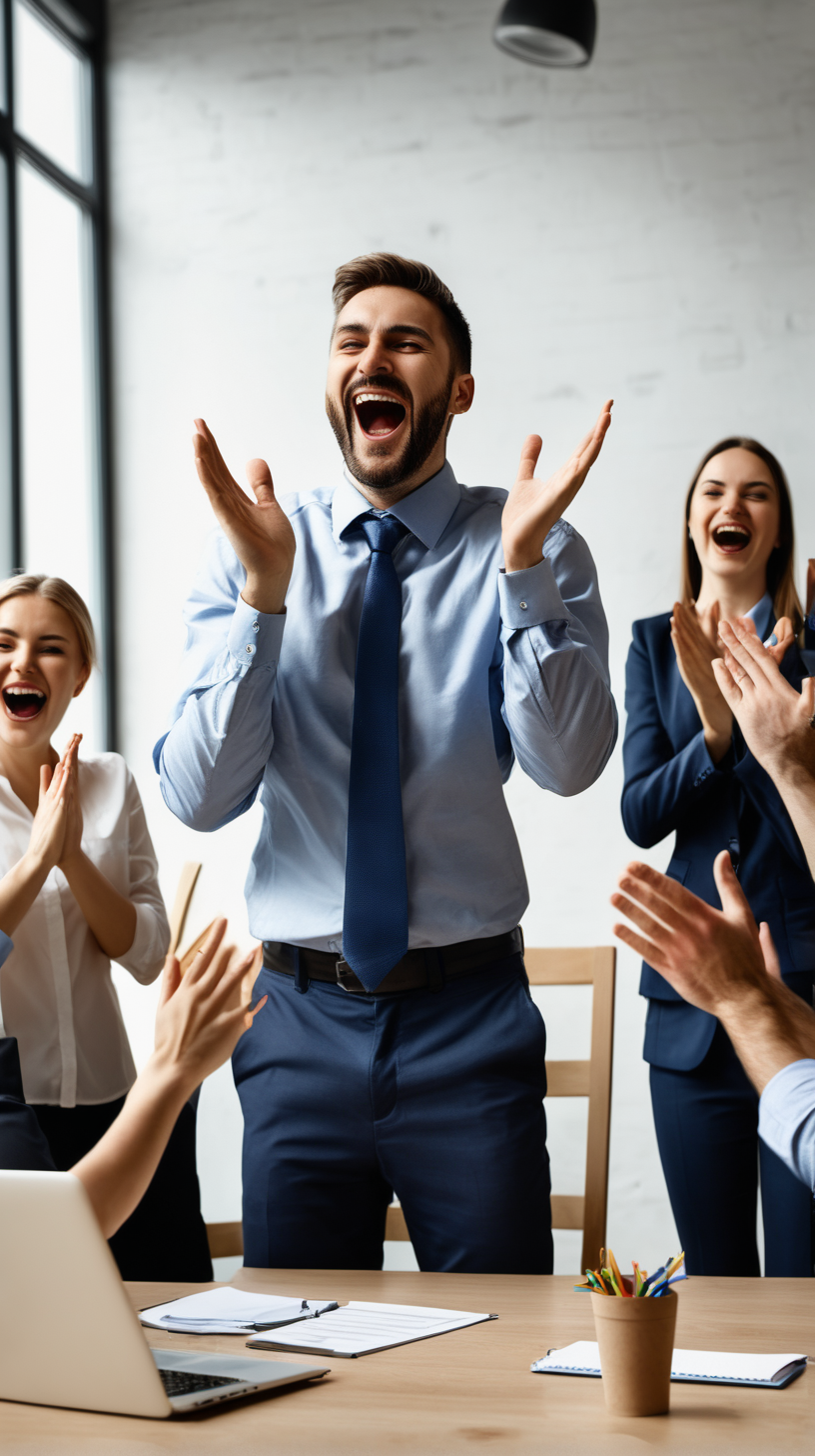 Man at work celebrating and his colleagues clapping for him because he’s done lots of work