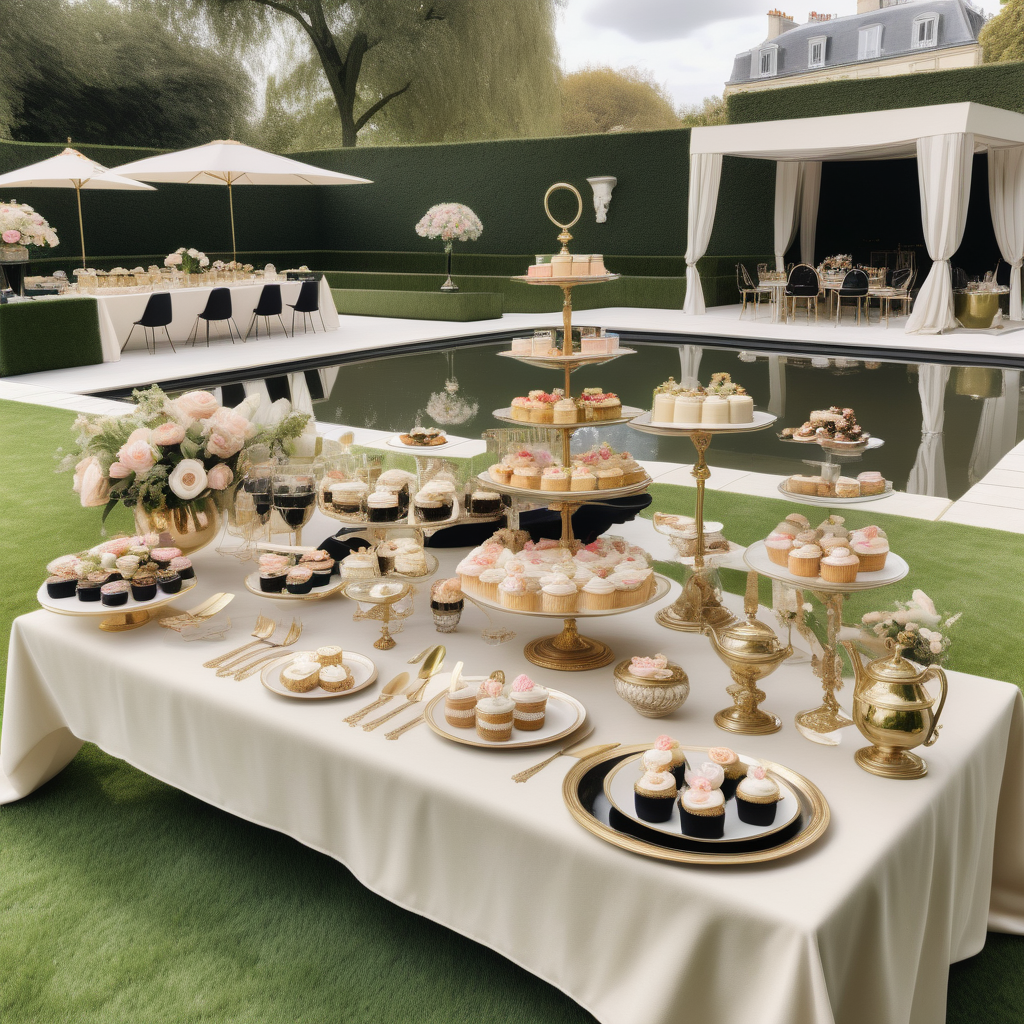 hyperrealistic modern Parisian garden tea party on sprawling lawns;  overlooking the sparklin pool; beige, oak, brass and black colour palette; buffet dessert table in the background

