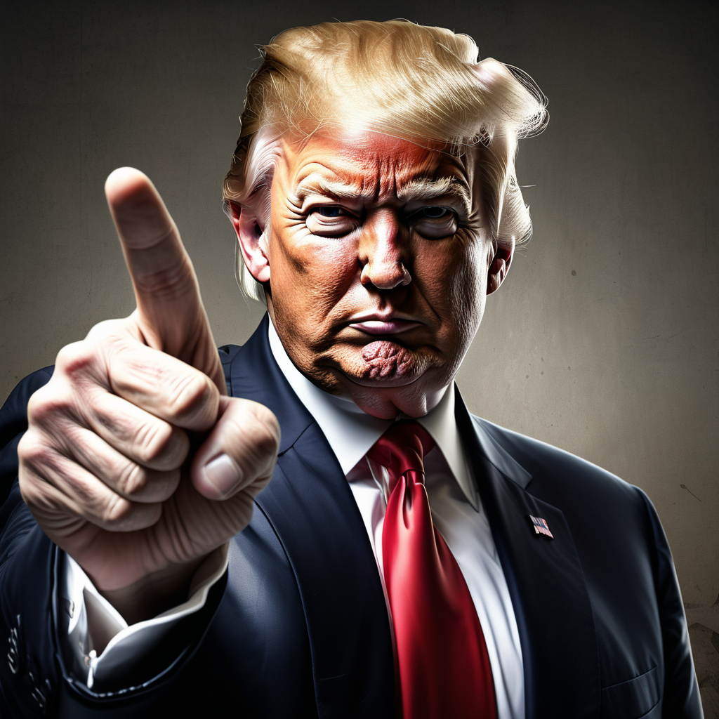 create a realistic portrait of donald trump pointing the finger at viewer
