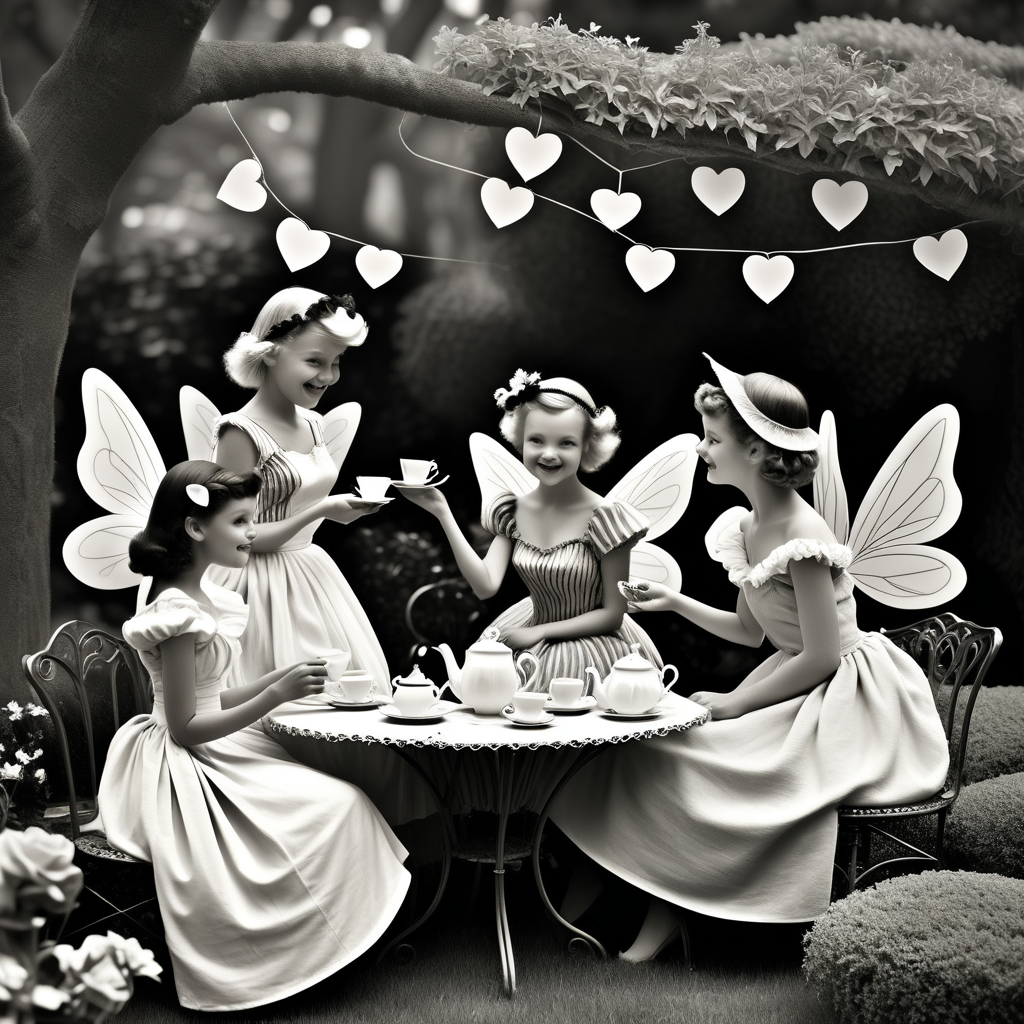 /envision prompt: "Vintage Fairy Valentines' Tea Party" depicted in black and white photography with a touch of Ansel Adams' timeless elegance. Fairies, donned in vintage attire, gather for a tea party in a sun-dappled garden. The monochromatic tones add a touch of nostalgia, and expressions capture the camaraderie of friendship and love. --v 5 --stylize 1000