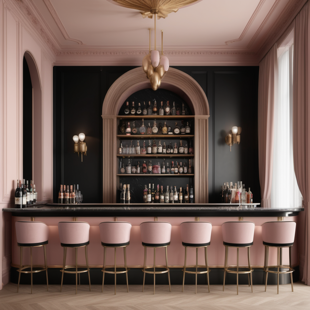 a hyperrealistic image of a palatial Modern Parisian   Bar in a beige oak brass dusty pink and black colour palette