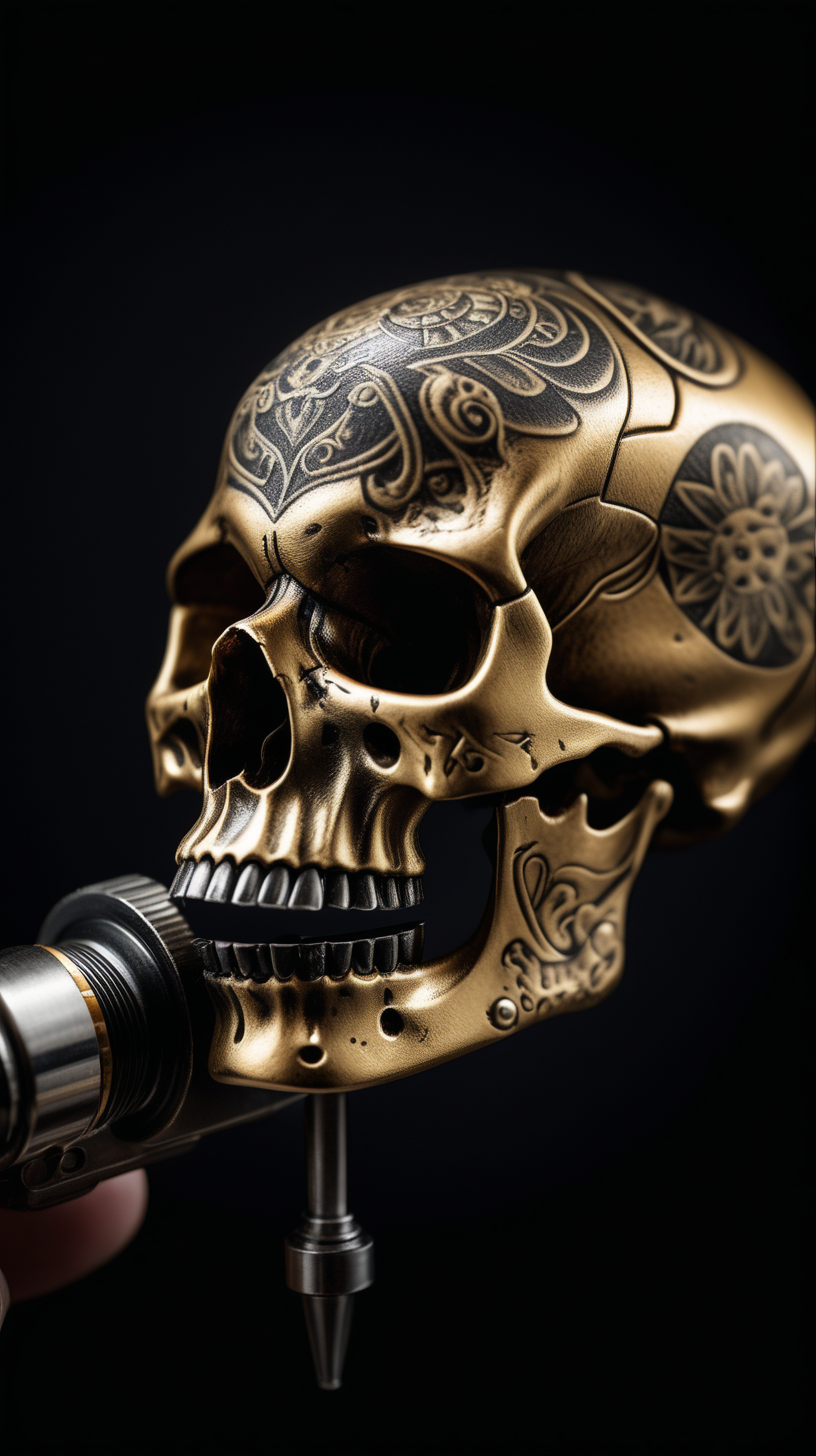 /imagine prompt : An ultra-realistic photograph captured with a canon 5d mark III camera, equipped with an macro lens at F 5.8 aperture setting, capturing a vintage tattoo machine ,The pattern of the skull is engraved on it's golden grip , placed in the hand wearing black nitrile gloves.
the hand is blurred and the focus sets on tattoogun's grip.
Soft spot light gracefully illuminates the subject and golden grip is shining. The background is absolutely black , highlighting the subject.
The image, shot in high resolution and a 16:9 aspect ratio, captures the subject’s  with stunning realism –ar 9:16 –v 5.2 –style raw
