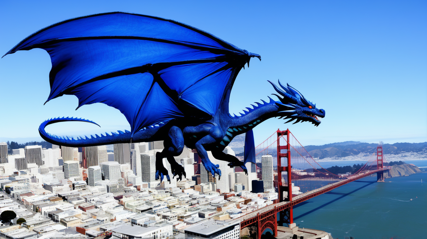 blue dragon flying over San Francisco