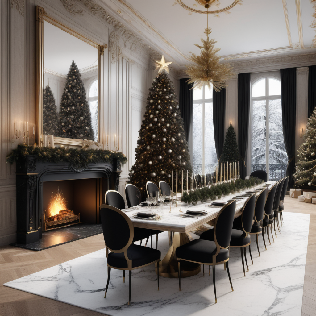 A hyperrealistic image of a grand, large,  Modern Parisian dining room at christmas time in a beige oak brass and black colour palette, with a large snowy balsam fir christmas tree in the corner of the room, a marble fireplace alight, a large, elegant 12 seat dining table, floor to ceiling windows with snow falling outside