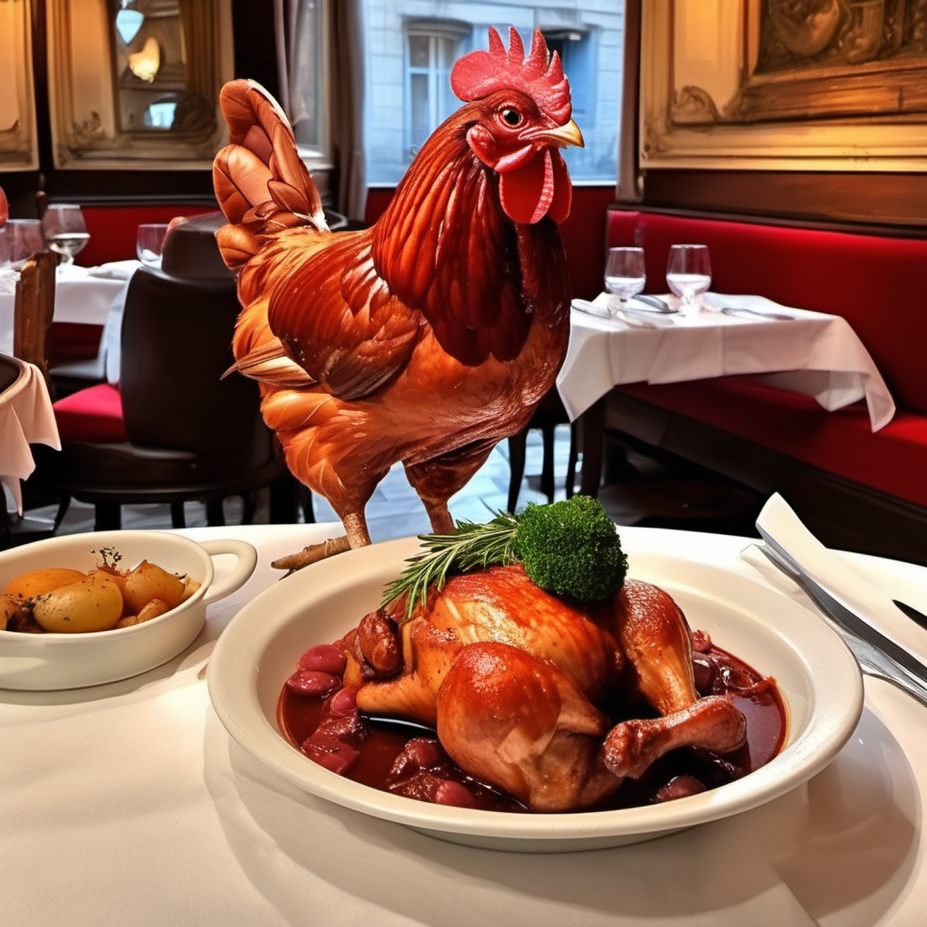 French restaurant with a red chicken and "Do you coq au vin?"
