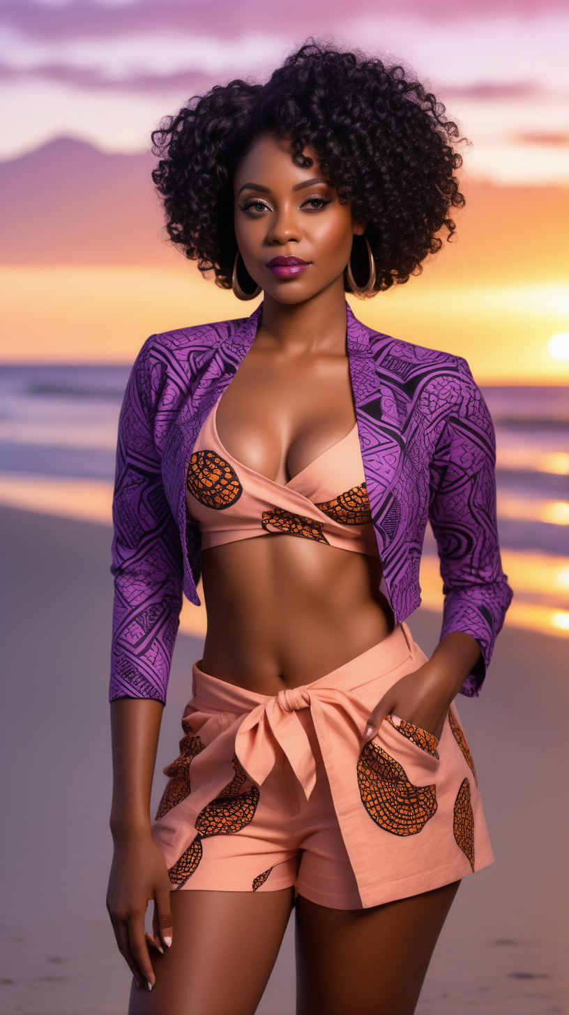  Sexy, beautiful, black woman wearing short, curly black hair, wearing, A peach, African print fabric, Bolero jacket, purple, linen halter top, a sunset beach in the background, 4k, high definition, full resolution, replicated