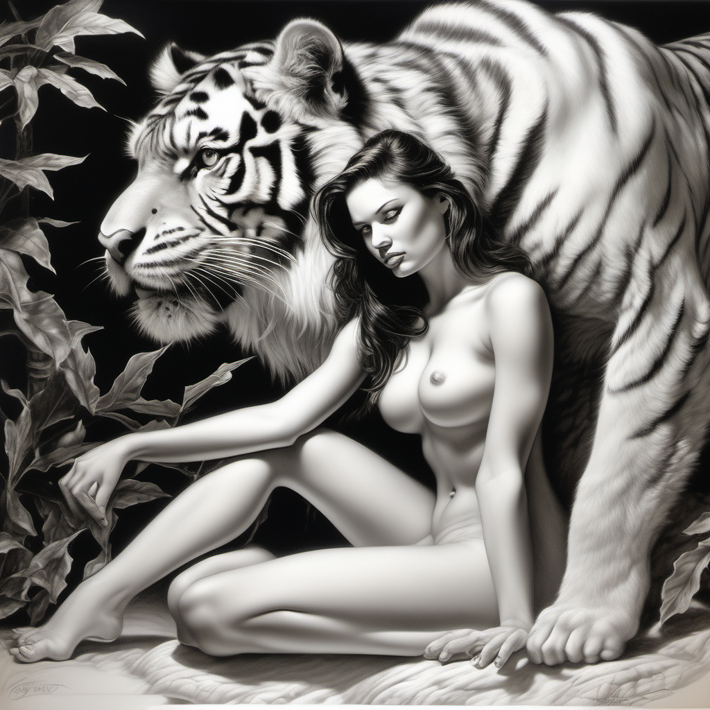 /imagine prompt : a hyper realistic black and gray Boris Vallejo drawing, feauteted a beautiful angel by a tiger create a sureal fantasy atmosphere
/describe : whole subjects in the box
-no cut

<background>white papaer
<style>pencil drawing
