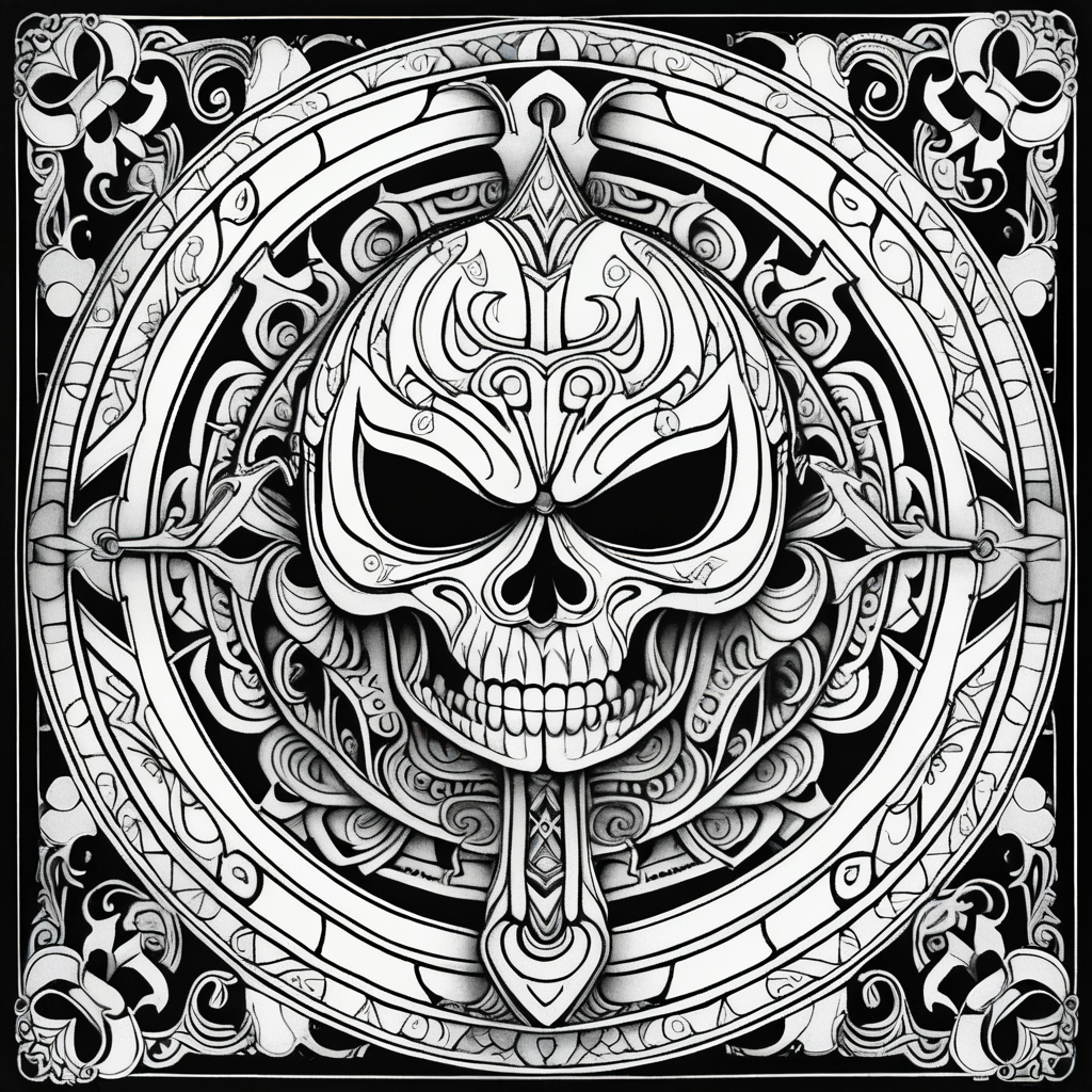 adult coloring page, black & white, strong lines, high details, symmetrical mandala, evil gothic puppet master