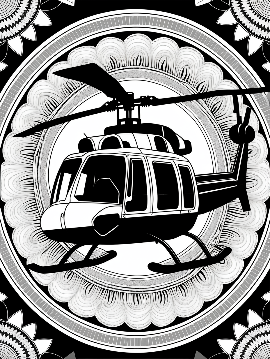 huey helicopter inspired mandala pattern, black and white, fit to page, children's coloring book, coloring book page, clean line art, line art, no bleed